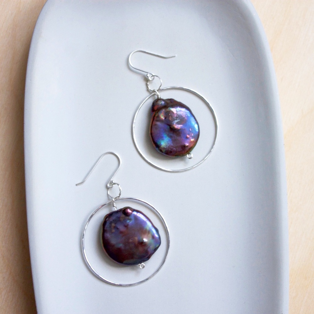 Sterling Silver Black Pearl Ring Earrings